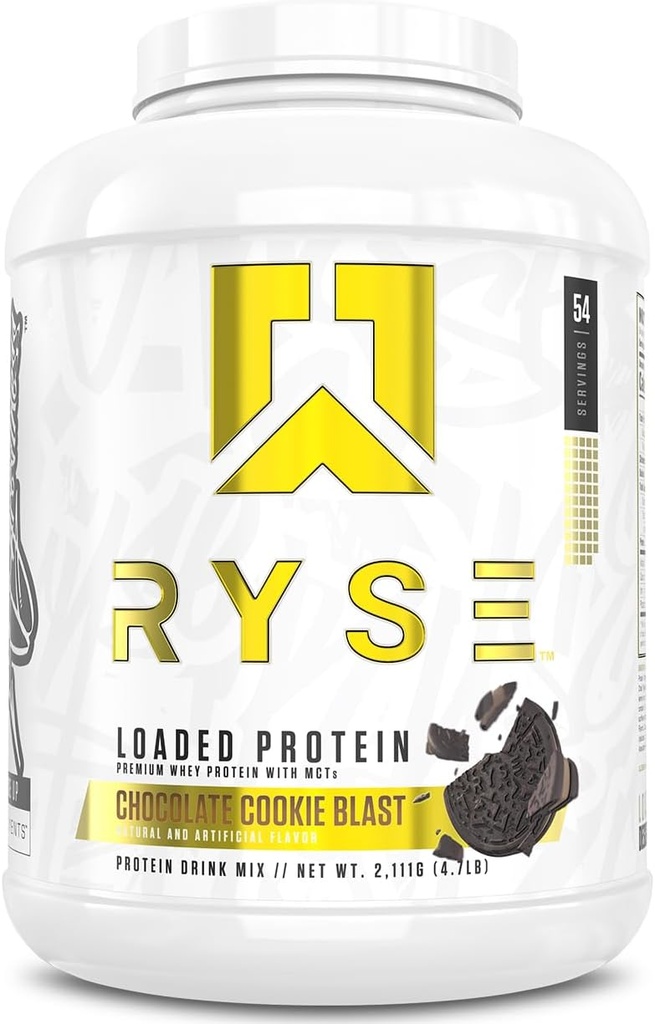 RYSE en poudre de protéines chargées - Blast de biscuits au chocolat - 25g de protéines de lactosérum isolat et concentré avec fibre prébiotique et MCT - faible teneur en glucides, faible teneur en sucre, agréablement digestive - 54 portions / 4 lb Tub