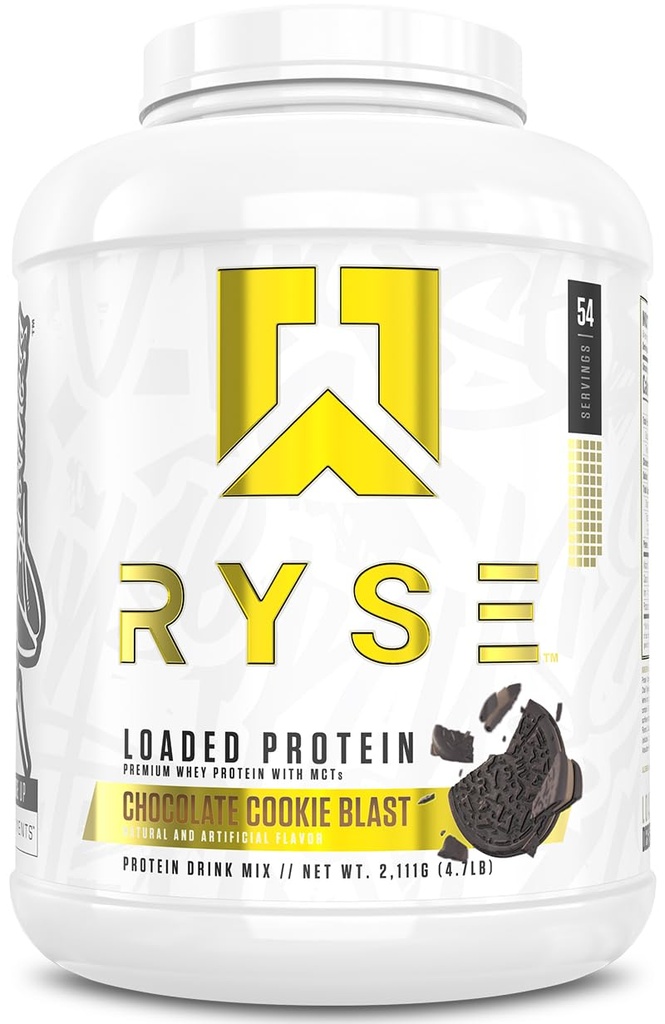 RYSE en poudre de protéines chargées - Blast de biscuits au chocolat - 25g de protéines de lactosérum isolat et concentré avec fibre prébiotique et MCT - faible teneur en glucides, faible teneur en sucre, agréablement digestive - 54 portions / 4 lb Tub