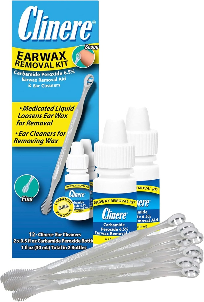 Kit d'enlèvement d'oreilles Clinere, Wax d'oreille propre en toute sécurité et délicatement, Démangeaison, Fonctionne instantanément .5oz Peroxyde de carbure, 2 x .5 Fl Oz avec 12 bâtons
