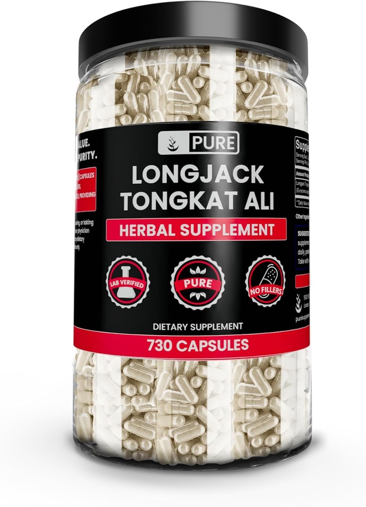 Ingrédients originaux purs Longjack (Tongkat Ali) (730 Capsules) Pas de Magnésium ou de Rice Fillers, Toujours Pure, Verified Lab