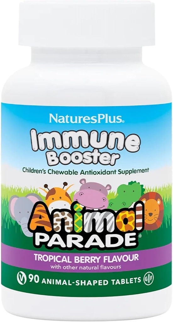 Natures Plus Animal Parade Immune Booster - Tropical Berry Flavor - 90 comprimés à mâcher en forme d'animal - Fournit le support du système immunitaire - Sans gluten, végétalien - 45 portions