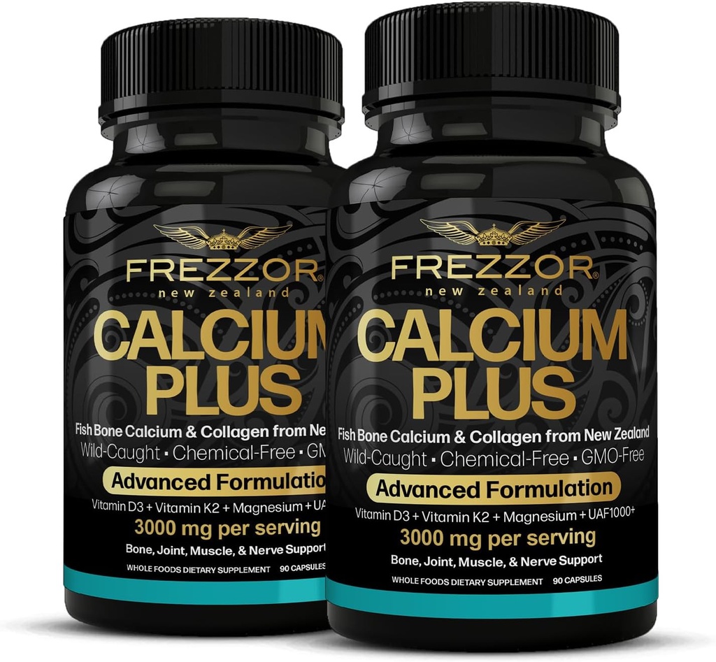 FREZZOR Calcium Plus avec UAF1000+ Super Antioxydant pour la santé des os et la densité osseuse, soutient le poids corporel sain, rapport optimal des minéraux essentiels de bâtiment des os, NZ fait, 180 capsules, 2 mois d'approvisionnement