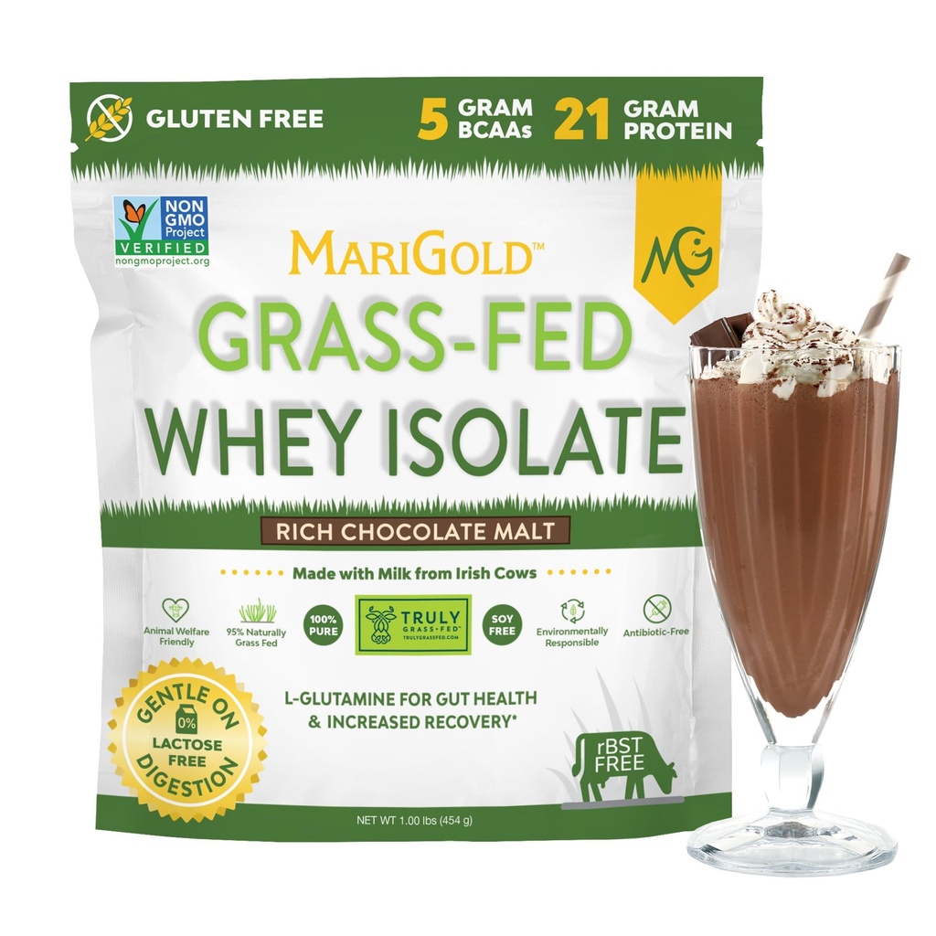 Poudre Isolée aux protéines de lactosérum d'or d'herbe de MariGold - Riche arôme de malt de chocolat - 1 Lb=100 % pur, traité à froid, micro-filtré, non dénaturé, sans OGM, sans rBGH, sans soja, sans gluten, sans lactose