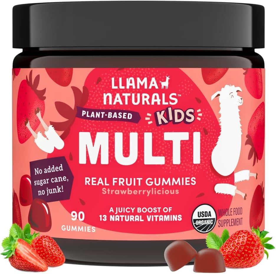 Lama Naturals Enfants Multivitamine Gommies, Vegan, Organique avec Vitamine D, C & K, Vitamines Gommy de fruits, Supplément à croquer, Multivitamine d'aliments entiers, Pas d'ajout de canne à sucre, Fraise, 90 Ct