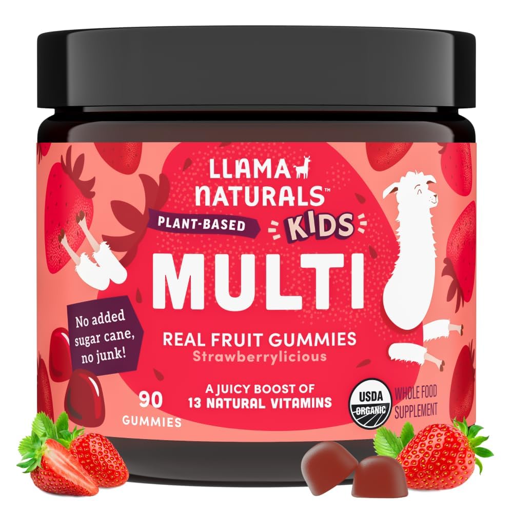 Lama Naturals Enfants Multivitamine Gommies, Vegan, Organique avec Vitamine D, C & K, Vitamines Gommy de fruits, Supplément à croquer, Multivitamine d'aliments entiers, Pas d'ajout de canne à sucre, Fraise, 90 Ct