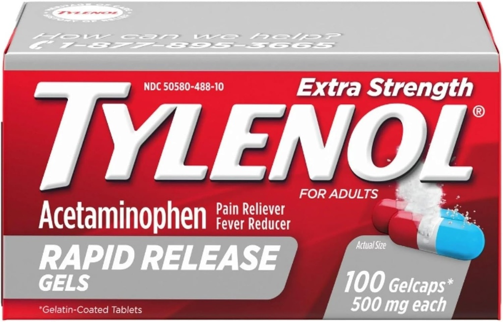Tylenol Extra Strength Rapid Release Gelcaps, 100 Count Bottles (Pack of 2)