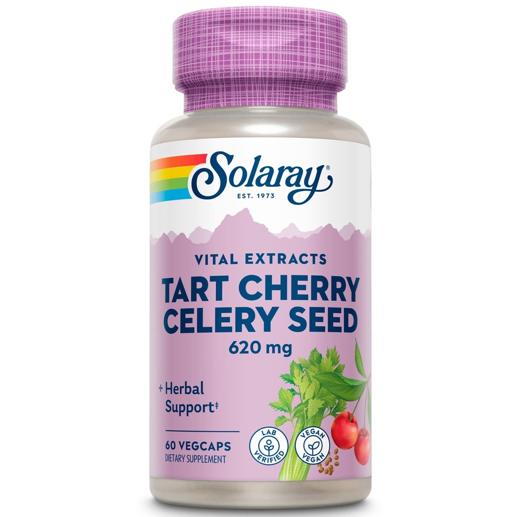 Solariay Tart Cherry & Celery Seed (semence de cerise et de céleri) Niveaux d'acide urique sains, articulations, rétablissement musculaire et soutien du sommeil (60 VegCaps)