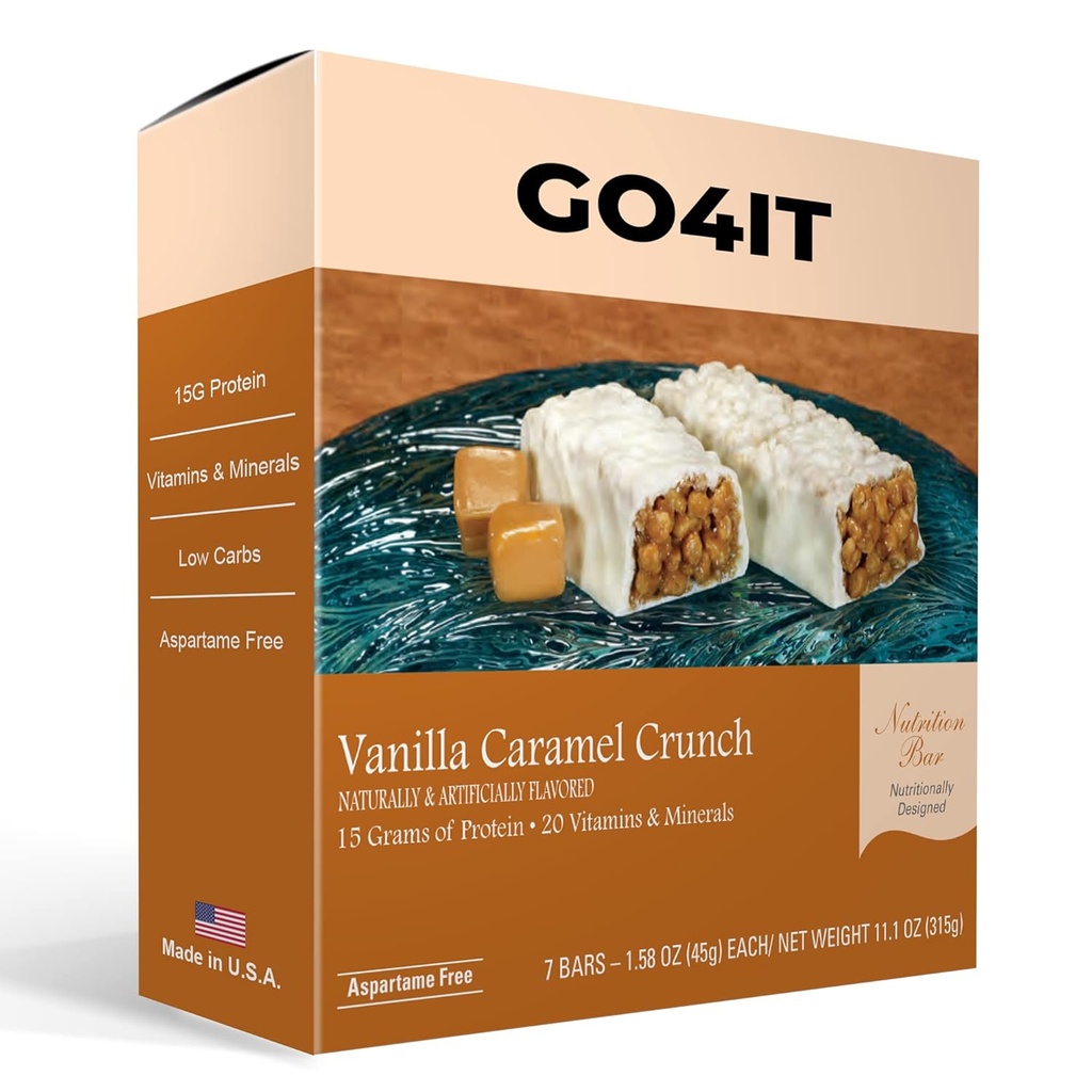 GO4IT Barre de remplacement des repas de santé, barre de nutrition à haute teneur en protéines, fibre haute, basses calories, KETO amical, en cours de route, barre alimentaire de perte de poids, 7/Box - (Vanilla Caramel Crunch)