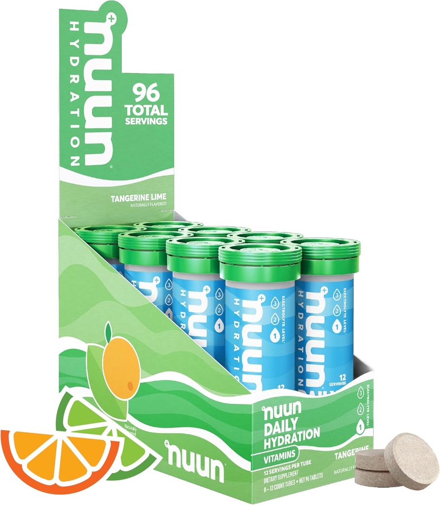 Vitamines Nuun Comprimés électrolytiques avec vitamine D, C, E, A et B6, acide folique, magnésium et 4 autres électrolytes essentiels, sans gluten et végétalien, chaux de Tangerine, 8 paquets (96 portions Total)