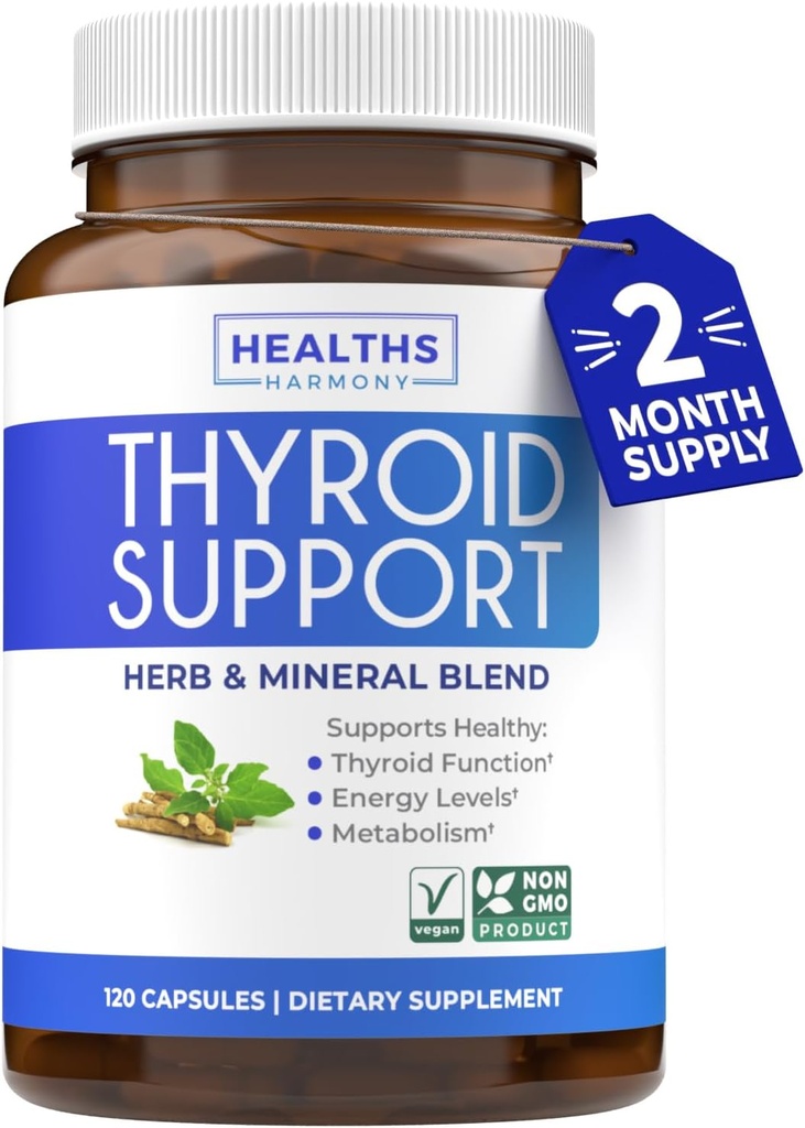 Support thyroïde avec l'iode - 120 capsules (non-OGM) Améliorez votre énergie - Ashwagandha Racine, zinc, sélénium, complexe vitamine B12 - supplément de santé thyroïde pour les femmes et pour les hommes - 60 jours d'approvisionnement