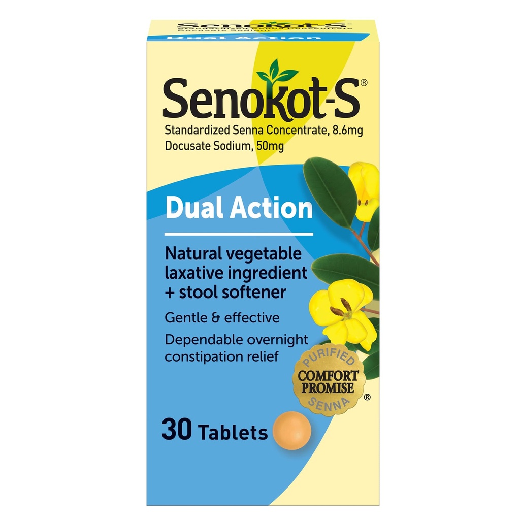 Senokot-S Dual Action Légume naturel Ingrédient Laxatif Plus Tabouret Adoucissant Comprimés, Docusate Sodium, Senna Concentrate, Douce, Allégement de nuit de Constipation occasionnelle, 30 ct