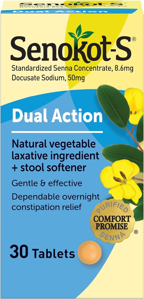 Senokot-S Dual Action Légume naturel Ingrédient Laxatif Plus Tabouret Adoucissant Comprimés, Docusate Sodium, Senna Concentrate, Douce, Allégement de nuit de Constipation occasionnelle, 30 ct