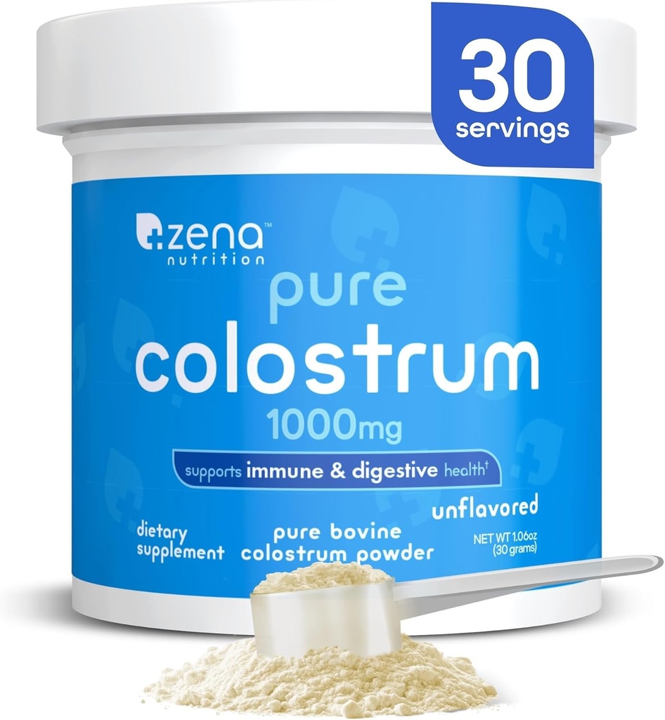 Zena Nutrition Bovine Colostrum Powder Supplement, 1000mg Pure Colostrum, Supports Immune and Digestive Health, Promotes Gut Health, Keto, Gluten Free, Fat Free, Grass Fed, Unflavored, 30 Servings