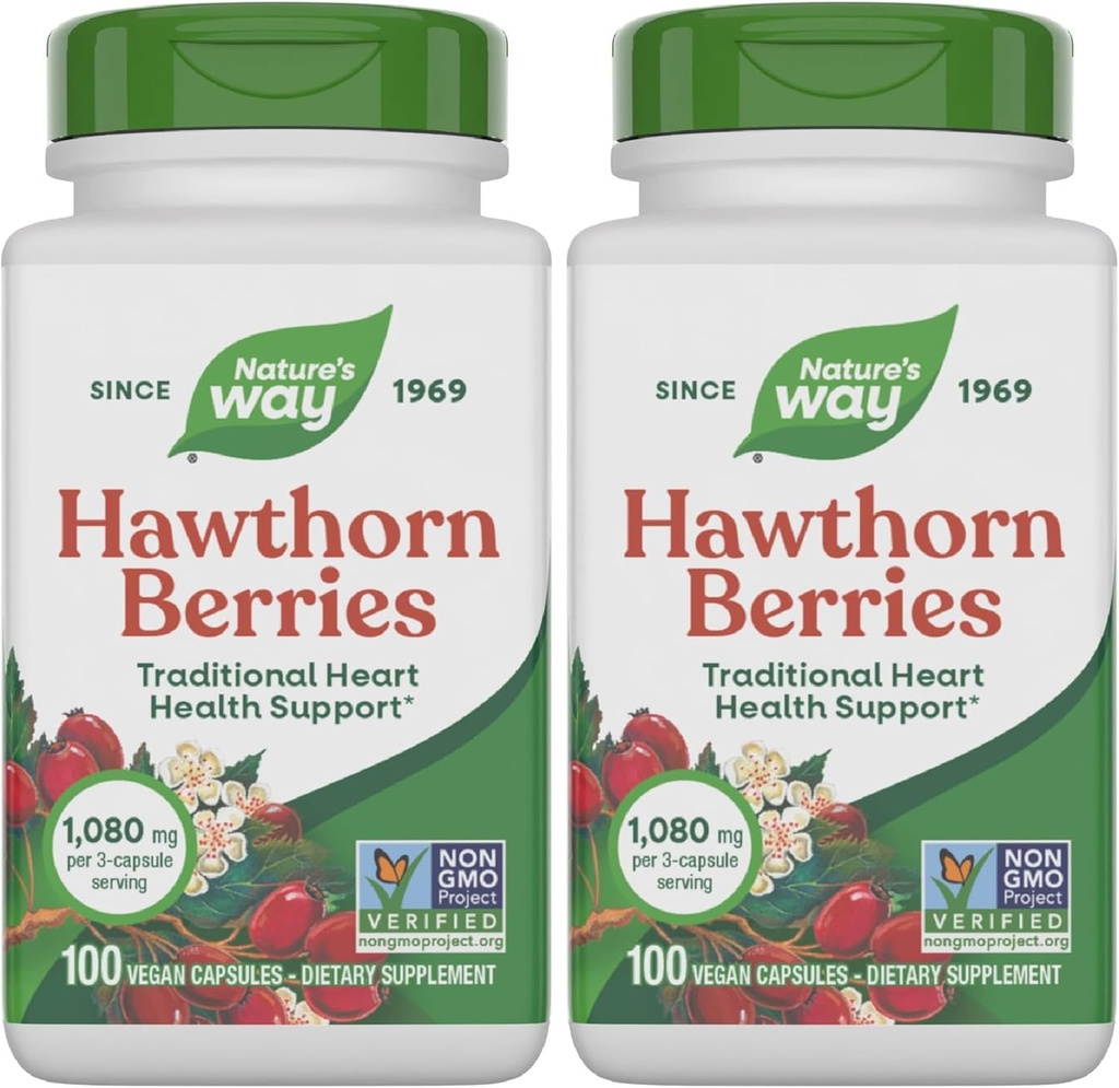 Nature's Way Herbal Hawthorn Berries, Traditional Heart Health Support*, 100 Capsules Vegan (Packaging May Vary) (Pack of 2)