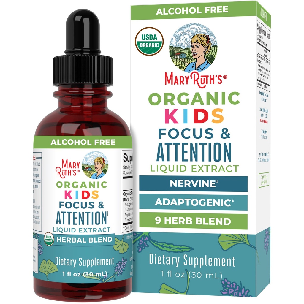MaryRuth Organics Kids Cerveau Suppléments pour mémoire et focus, USDA Bio Drops avec Ginkgo Biloba, Rhodiola Root et réglisse Root, Focus & Attention, Calme, Vegan, Non-OGM, Sans gluten, 30 portions