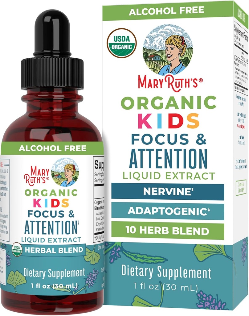 MaryRuth Organics Kids Cerveau Suppléments pour mémoire et focus, USDA Bio Drops avec Ginkgo Biloba, Rhodiola Root et réglisse Root, Focus & Attention, Calme, Vegan, Non-OGM, Sans gluten, 30 portions