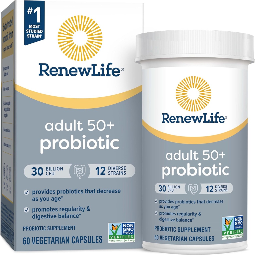 Renouveler la vie Probiotique Adulte 50 Plus Capsules Probiotiques, Supplément quotidien soutient la santé urinaire, digestive et immunitaire, L. Rhamnosus GG, Laiterie, Soy et sans gluten, 30 Million CFU, 60 Compte