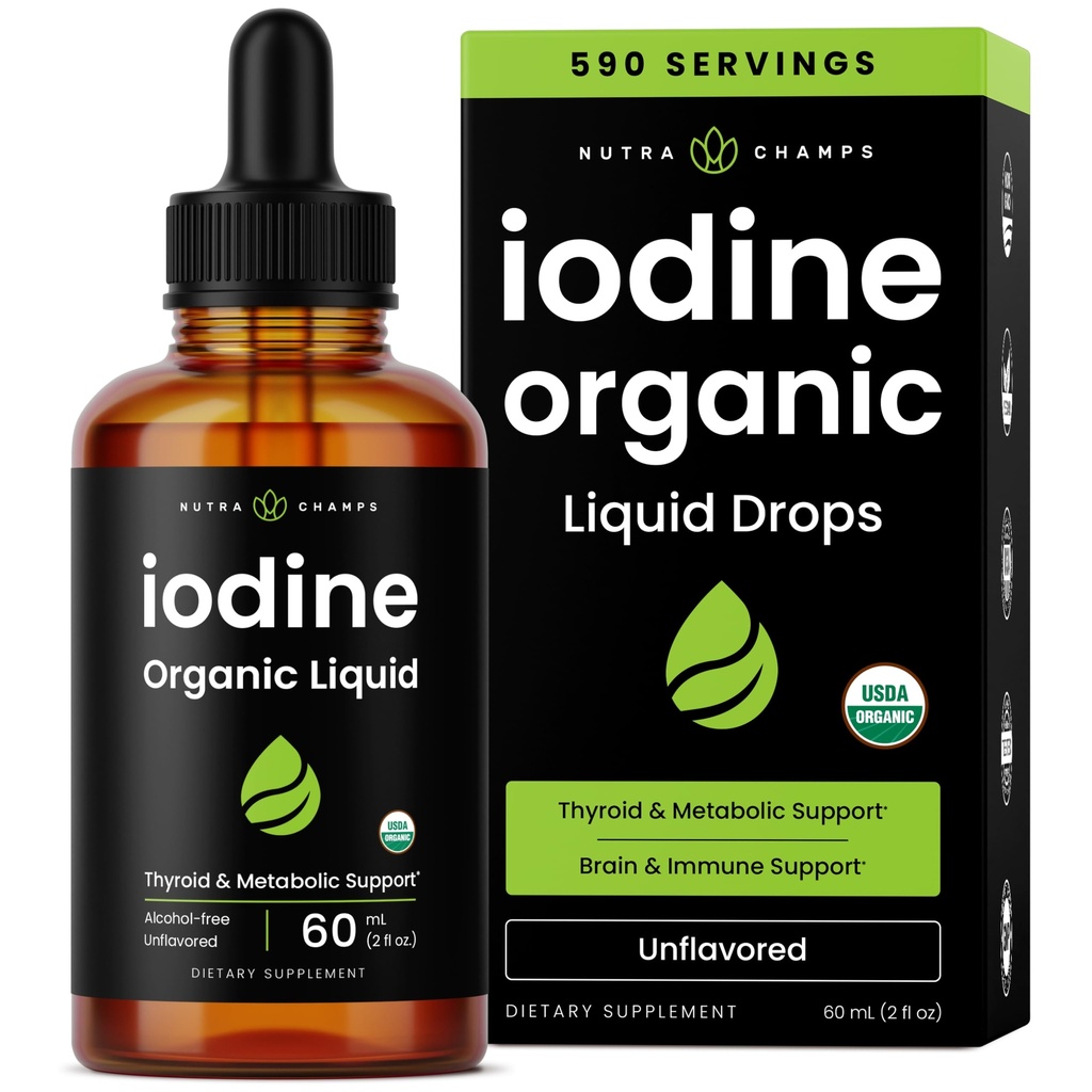 Iodine biologique gouttes liquides - Supplément d'iode 250 mcg pour les femmes et les hommes - Solution d'iodure de potassium 250 mcg - 590 portions - Thyroïde, Hormone et Soutien métabolique - Non-OGM, Vegan NPN 8011762