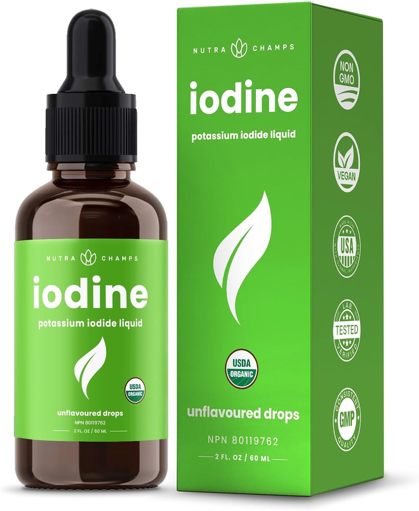 Iodine biologique gouttes liquides - Supplément d'iode 250 mcg pour les femmes et les hommes - Solution d'iodure de potassium 250 mcg - 590 portions - Thyroïde, Hormone et Soutien métabolique - Non-OGM, Vegan NPN 8011762