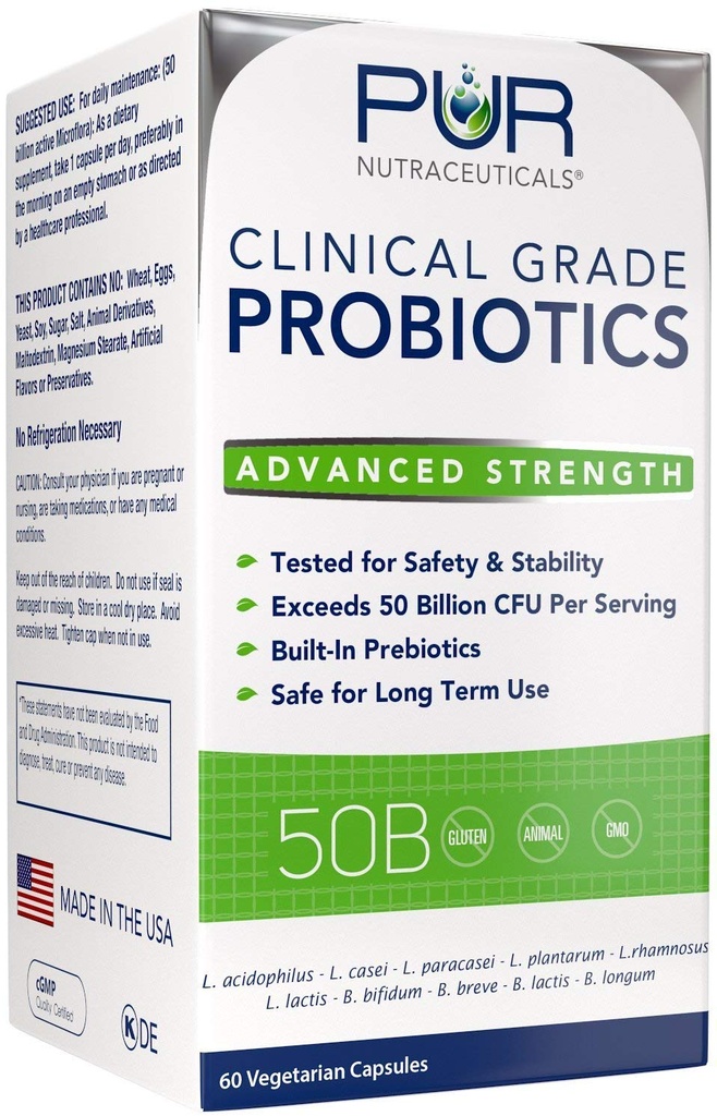 Probiotiques de qualité clinique * 50 milliards UFC/serveur * 10 souches * Prébiotique intégré * 60 capsules quotidiennes - 2 mois d'approvisionnement * Tous naturels 100% fabriqués aux États-Unis
