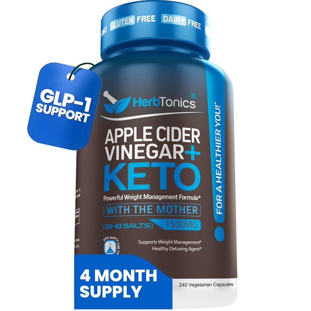 Vinaigre de cidre de pomme Herboronique avec sels de BHB Keto - Supplément de soutien GLP-1 pour le métabolisme et le contrôle de l'appétit, 240 capsules.