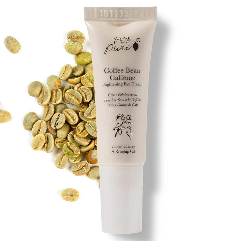 100% PURE Coffee Bean Caféine Crème pour les yeux Rafraîchir et hydrater sous traitement pour les yeux Réduisez la puffine, les cernes sombres, les rides avec le thé vert, la hanche rose, la vitamine E - Yeux vibrants jeunes - Vegan - 0,3 oz