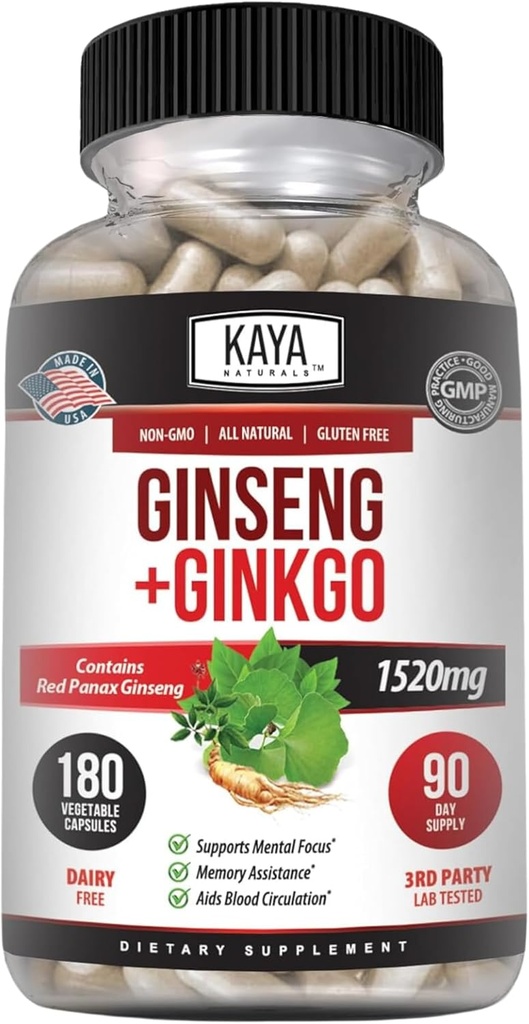 Kaya Naturals Red Panax Ginseng + Ginkgo Biloba - Supplément Cerveau Nootropique - Soutien Cognitif et Concentration - Supplément Cerveau, Focus et Mémoire - 180 Capsules