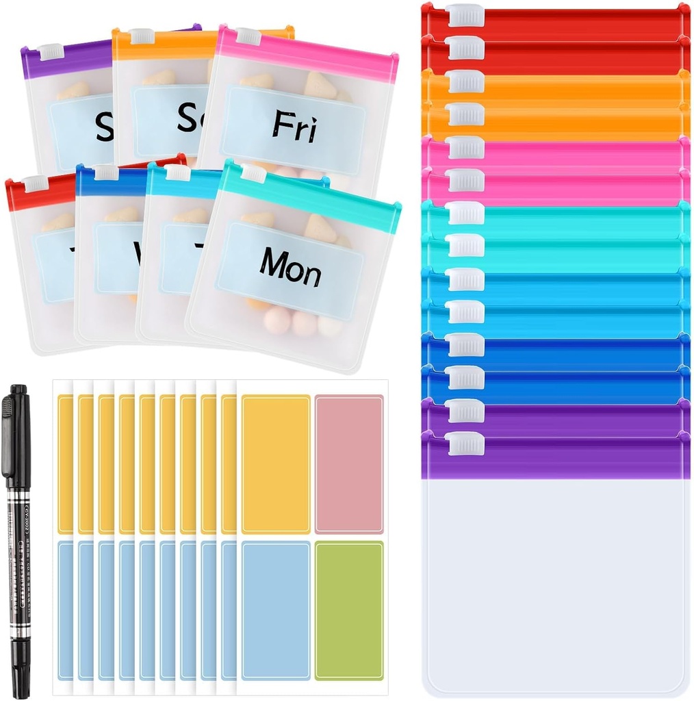 MARFOREVER 25 Pcs Pill Pouch Small Pill Bags Reutilisable Medicine Organizer Travel Pill Container Storage Pill Case with Slide Lock 14 Pcs Plastic Medicine Bags 10 Pcs Sheets Etiquettes et un marqueur