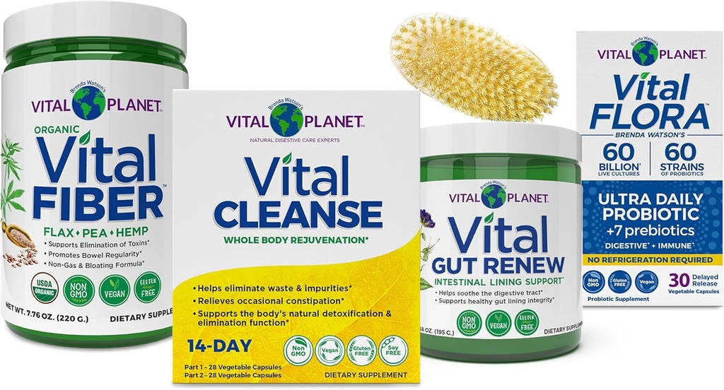 Planète Vital - Kit de nettoyage interne du corps entier avec nettoyage Vital Programme 2 jours, Fibre Vital, Vital Gut Renew, et Probiotiques Flora Vital avec prébiotiques, 4 produits en un