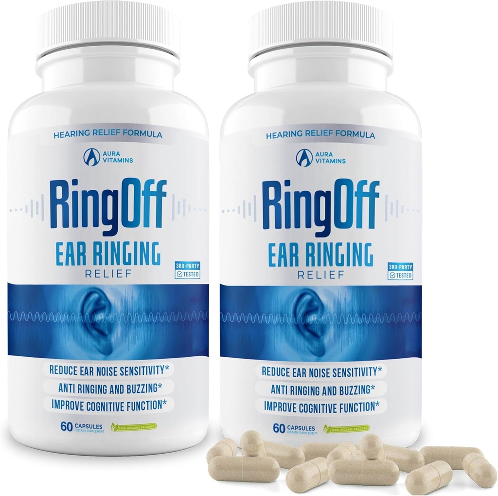 Ring Off (120 Caps) – Relief d'acouphène pour les oreilles qui sonnent, Relief d'acouphène clair pour les oreilles qui se taisent et restaure la paix intérieure, Ginkgo Biloba, Zinc Picolinate et plus – Soutien efficace de la santé auditive