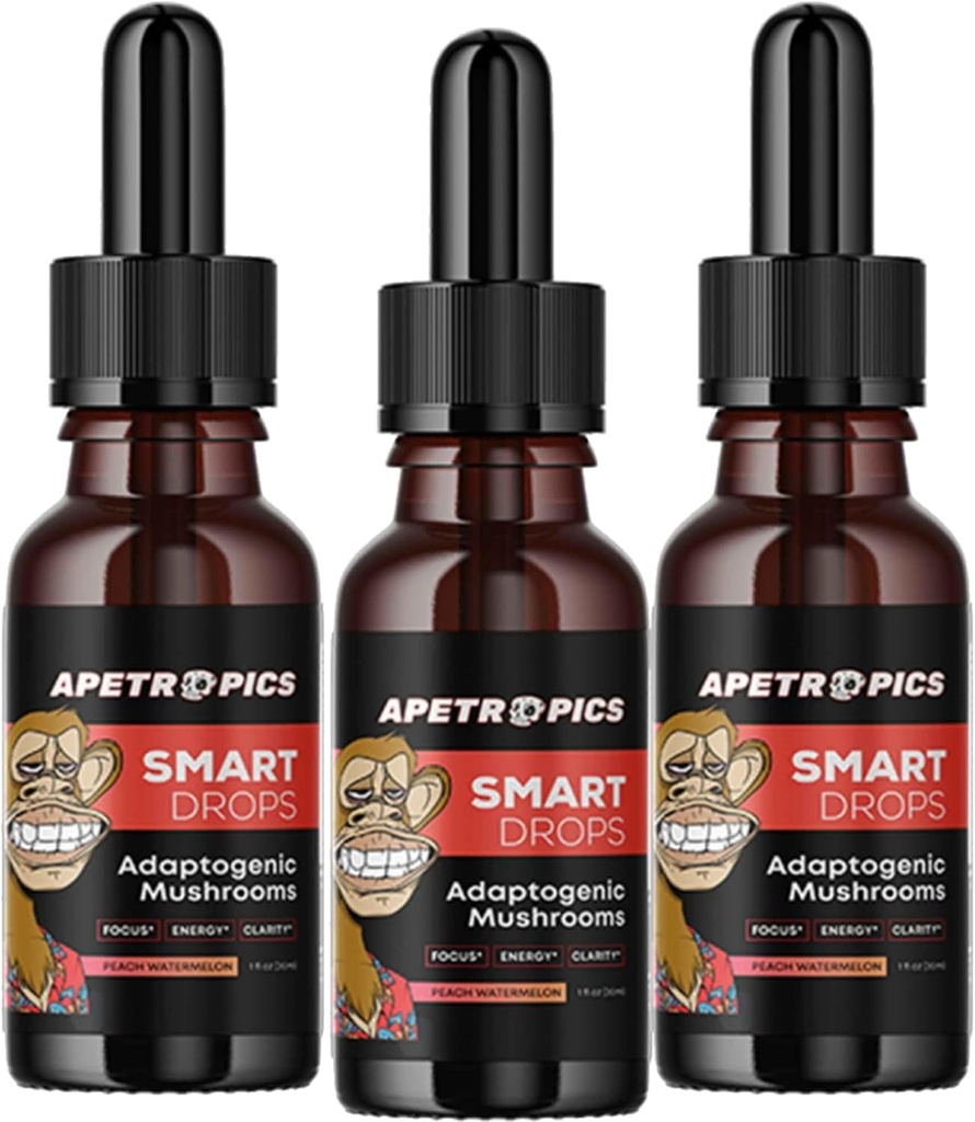 Apetropics Smart Drops - Teinture de champignons adaptogènes 5-en-un avec Lion, Cordyceps, Turkey Tail, Chaga, Reishi - Supplément Cerveau Nootropique - Peach Watermelon Flavor, 30-Servings (3 Pack)