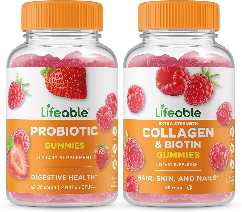 Probiotique de vie 2 milliards CFU + collagène et biotine, Gommies Bundle - Grande dégustation, supplément de vitamine, sans gluten, sans OGM, gommy à croquer
