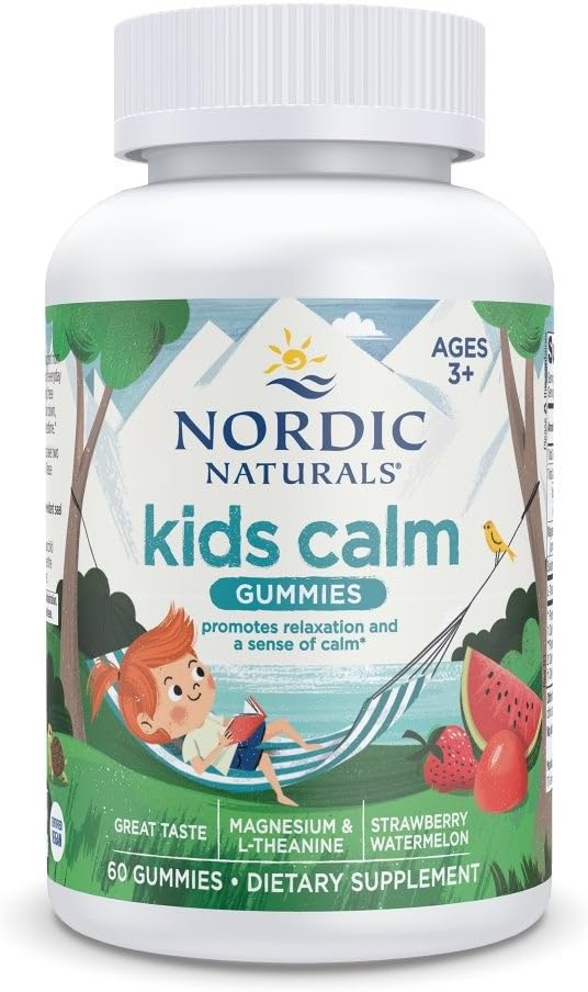 Nordic Naturals Kids Calm Gummies - Pastèque fraise - 60 Gummies - Supplément Magnésium L-Theanine - Calme pour les enfants - Soutien à la relaxation - Jusqu'à 60 portions
