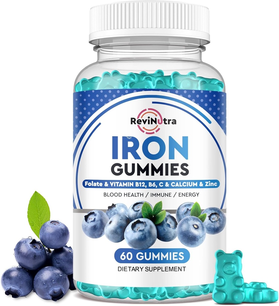 Gummies de Fer - avec Calcium, Zinc, Folate et Vitamine B12, C,B6 pour Adultes et Enfants - Constructeur de sang et soutien énergétique pour le déficit en fer, Anémie, Vegan - Blueberry Flavor, 60 Gummies
