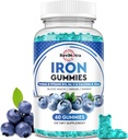 Gummies de Fer - avec Calcium, Zinc, Folate et Vitamine B12, C,B6 pour Adultes et Enfants - Constructeur de sang et soutien énergétique pour le déficit en fer, Anémie, Vegan - Blueberry Flavor, 60 Gummies