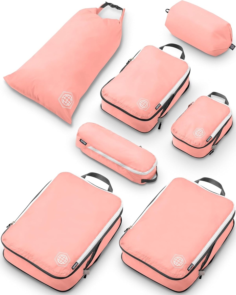 Grand cubes d'emballage de compression pour les organisateurs de bagages de cube d'emballage de 7 pièces pour les bagages enregistrés-Ultralight, sacs extensibles/compression par équipement de voyage TRIPPED (Dusty Rose)
