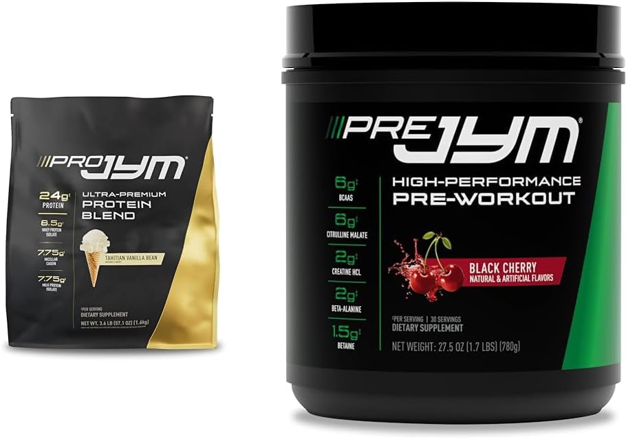 PRO JYM 45 portions - Tahitian Vanilla Bean & PRE JYM 30 portions - Cerise noire