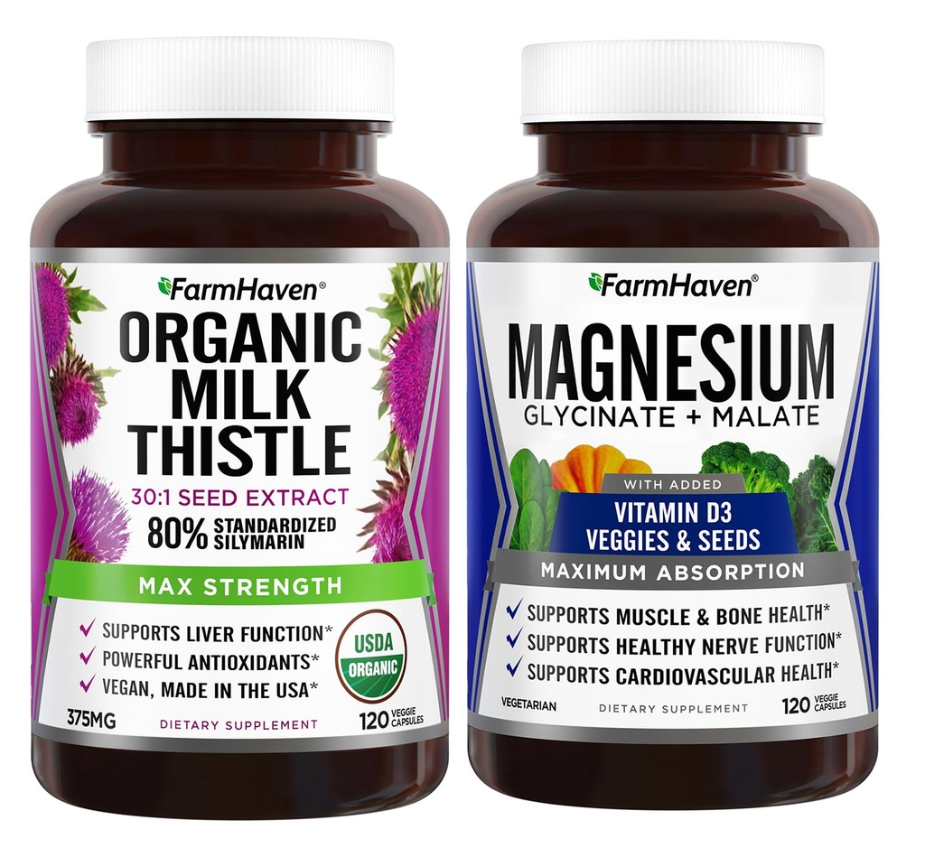 Farm Haven Lait Capsules de chardon et Magnésium Glycinate et Complexe de Malate avec/Vitamine D3