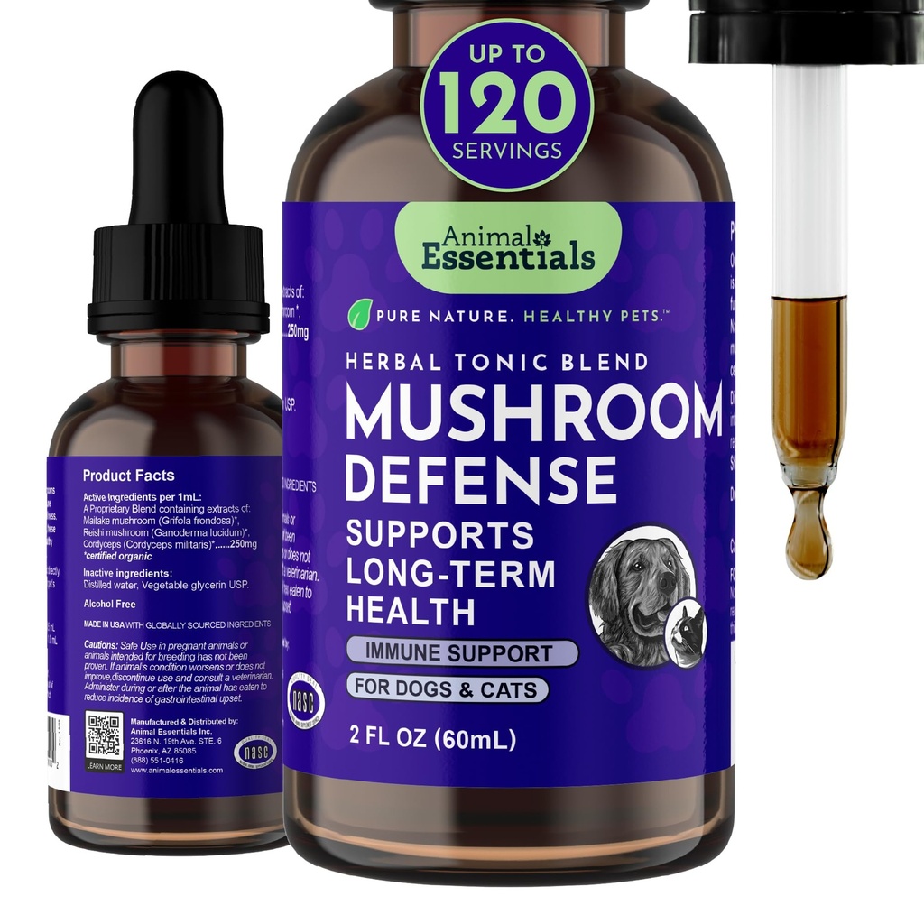 Animal Essentials Mushroom Defense - Système immunitaire pour chiens et chats, antioxydant naturel, champignons, pour tous les âges, plantes biologiques - 2 Fl Oz