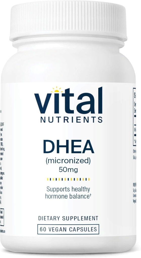 Nutriments vitaux DHEA 50mg de supplément DHEA micronisé végétalien pour les femmes et les hommes soutient l'équilibre hormonal soutient le métabolisme sain du sucre et des minéraux, gluten, lait, sans soja, 60 capsules