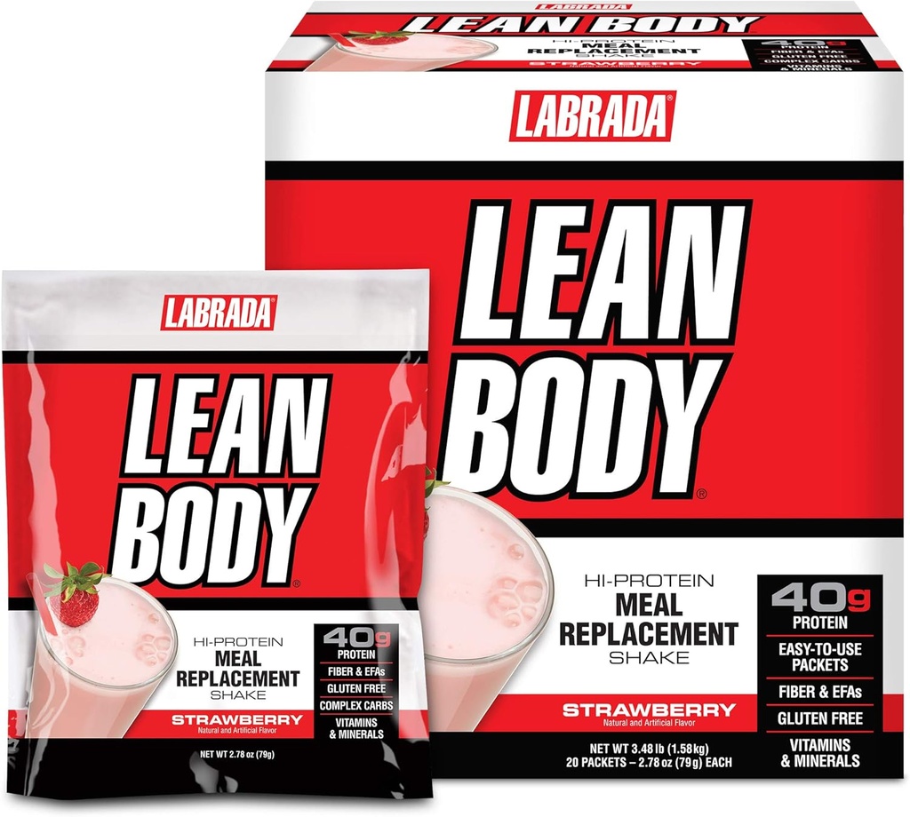 Labrada Lean Corps MRP Tout-en-un Strawberry substitut de repas Shake, 40g de protéines, mélange de lactosérum, 8g de graisses saines EFA et fibre, 22 vitamines et minéraux, Pas de couleur artificielle, sans gluten, (20 paquets)