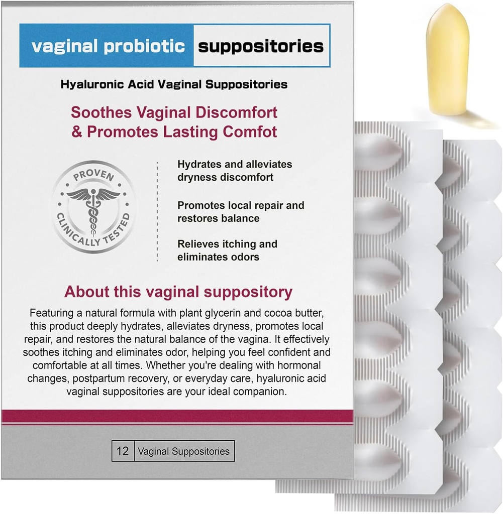 Suppositoires d'acide hyaluronique Nahid : L'humidité vaginale et le pH support de l'équilibre. 12 Inserts avec complexe prébiotique.