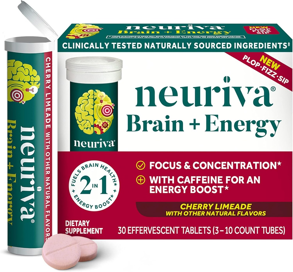 NEURIVA Brain + Energy Supplement with Clinically Tested Neurofactor For Focus & Concentration, Vitamin B12, & 150mg of Caffeine For An Immediate Energy Boost, 30ct Cherry Limeade Effervescent Tablets