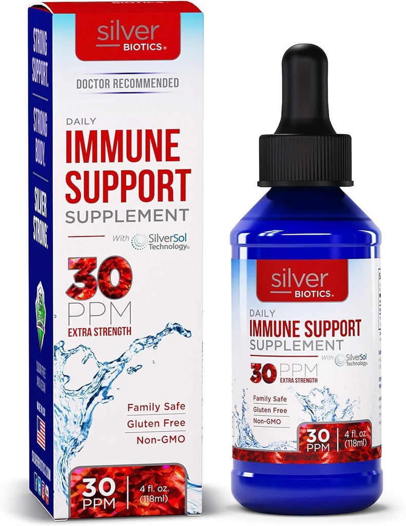 Argent Biotics Liquide 30 PPM breveté Multivalent SilverSol Technolologie. Compte-gouttes
