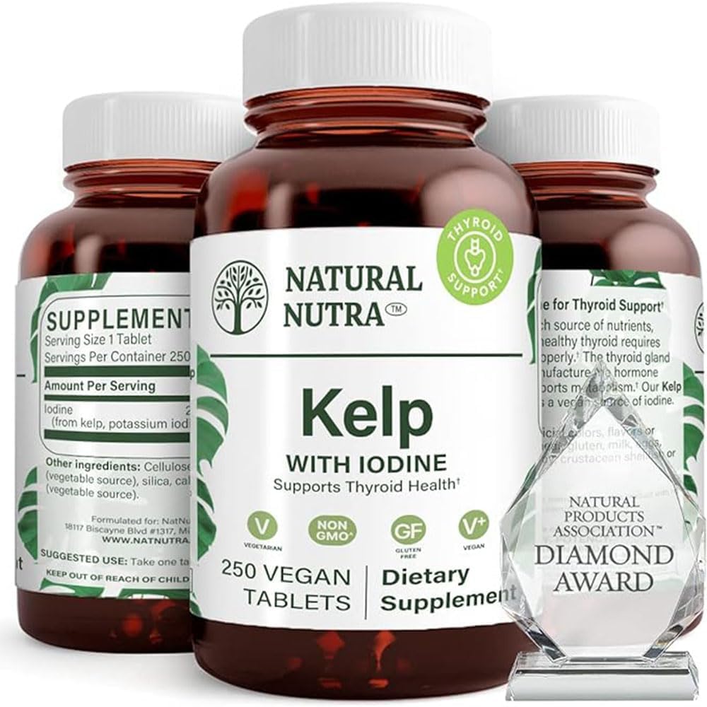 Nutra Kelp naturel Iodine Thyroïde Supplément de soutien, renforce le système immunitaire, et régule le métabolisme, Vegan Sea Kelp, non OGM, extrait d'algues de l'Atlantique, 225 mcg, 250 comprimés