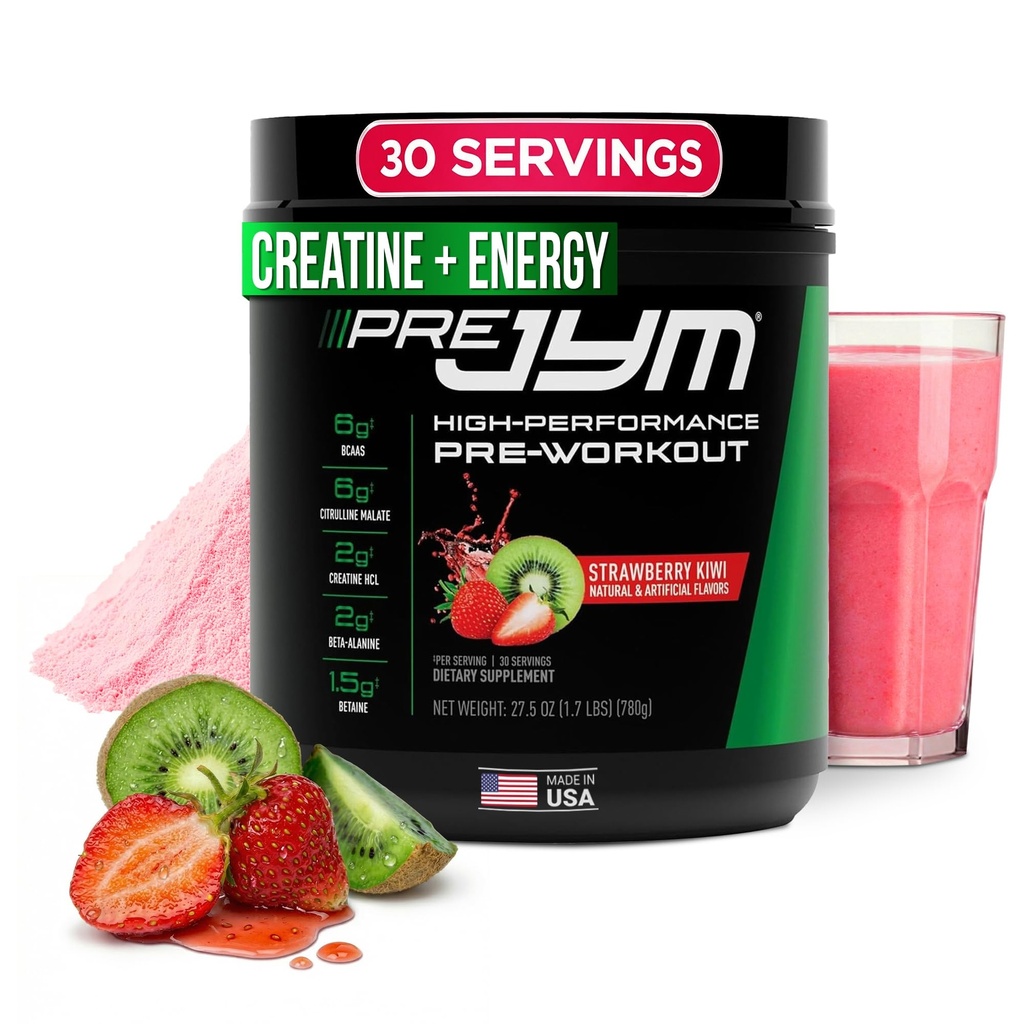 Supplément JYM Science Pre JYM Fraise Kiwi pré-entraînement poudre - BCAA, Nootropics, Creatine HCI, Citrulline, Beta-Alanine, Betaine, Taurine, Huperzine 30 portions