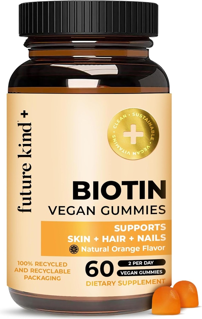 Vitamines Vegan Biotin (60ct) - Vitamines Biotin pour la peau et les ongles de cheveux avec VIT A, C, & E - Vitamines Vegan pour la peau et les ongles de cheveux pour les femmes et les hommes - Vitamines de croissance de cheveux de biotine aromatisées orange