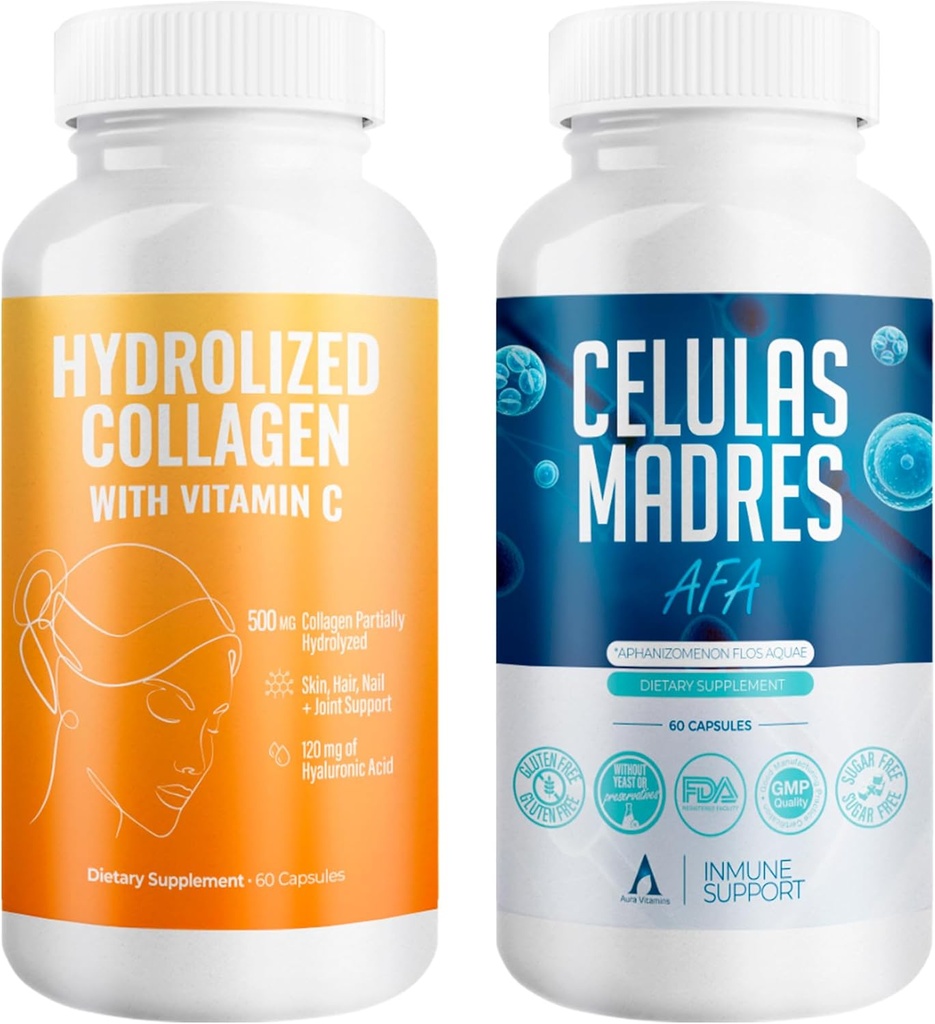 Aura Vitamine Mega Groupe d'antioxydants Hydrolysé Collagène et cellules souches AFA Hydrolysé Collagène avec vitamine C, Aphanizoménon Flos-Aquae.
