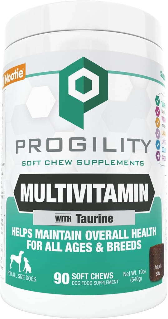 Nootie PROGILITY Daily Multivitamin Chews pour chiens - soutient l'immunité, le cœur, les yeux, le cerveau et la santé des os avec Taurine- pour tous les chiens tailles - 90 Chews doux. - Vendu dans plus de 5 000 magasins d'animaux