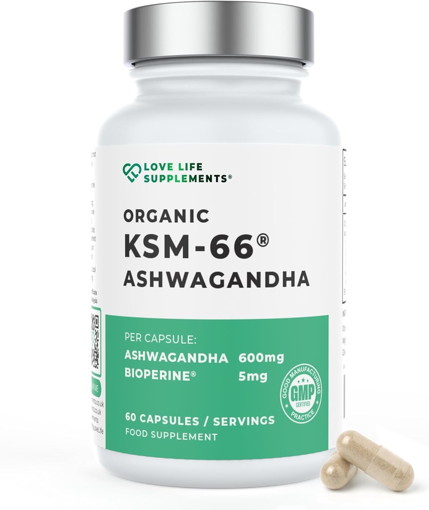 Love Life Supplements Organic Ashwagandha KSM-66®, 2 mois d'approvisionnement - 60 capsules, haute résistance 600mg par gélule, 5% Withanolides, Bioperine® pour l'absorption accrue, Zéro remplissage, laboratoire testé